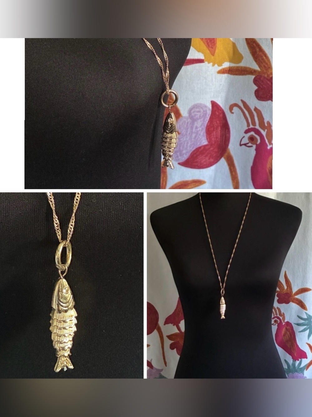 NEW Lucky Fish Universal Thread Necklace Articulated Fish Gold Tone w Crystals